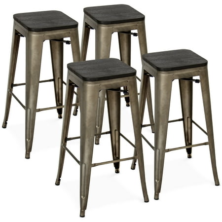 Best Choice Products Set of 4 30in Distressed Industrial Stackable Backless Steel Bar Stools w/ Wood Seats, Rubber Cap Feet, (Best Paint For Distressing Wood Furniture)