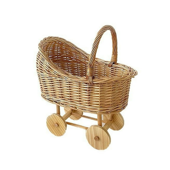 lixuesong Decorative Stroller Shaped Hand Woven Rattan Art Cart Flower Basket with Handle Fruit and Floral Box