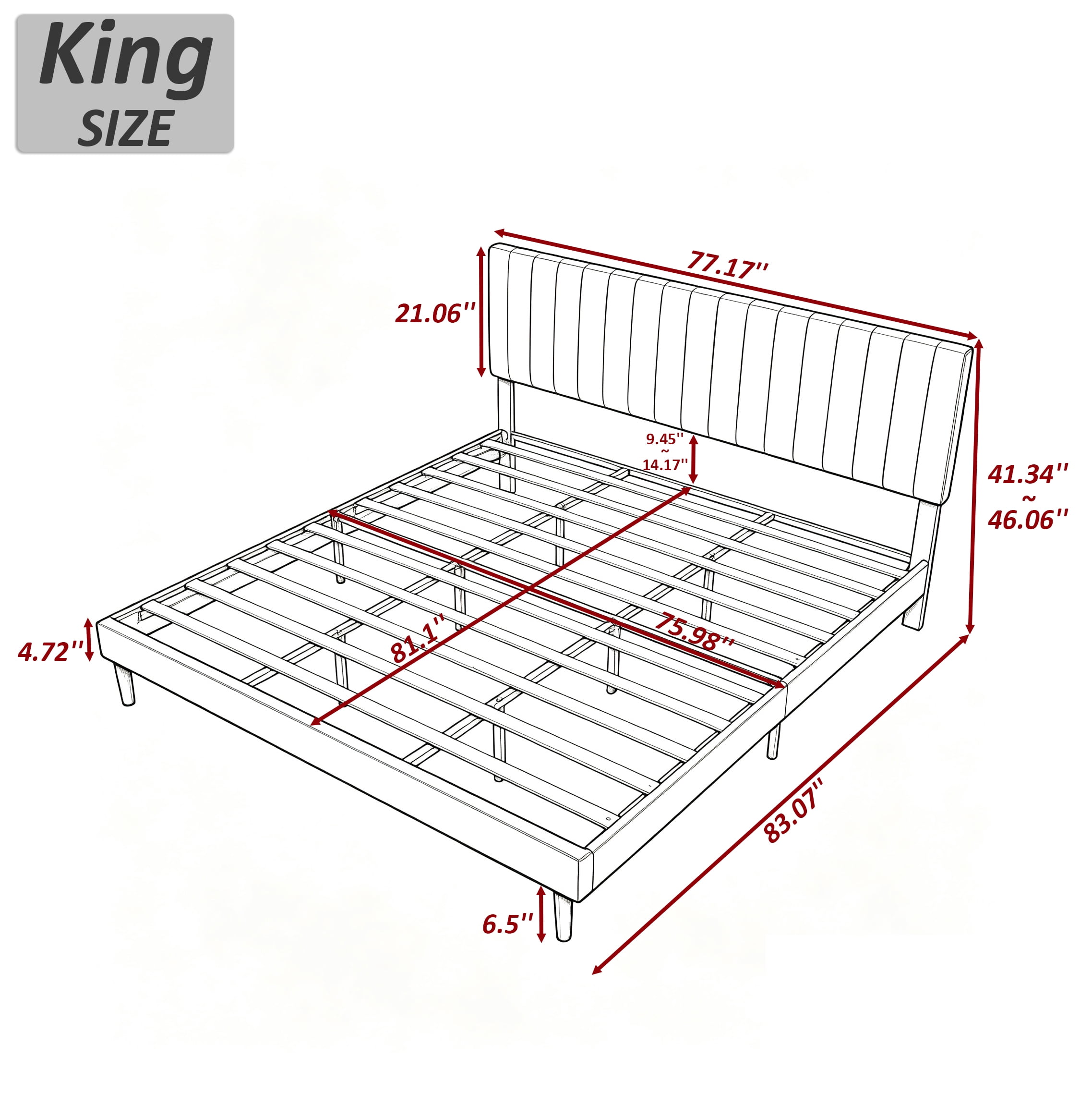 Gewnee King Size Upholstered Bed Frame,Velvet Platform Bed with Adjustable Headboard,Modern Bedroom Furniture with Wood Support,No Box Spring Needed,Beige