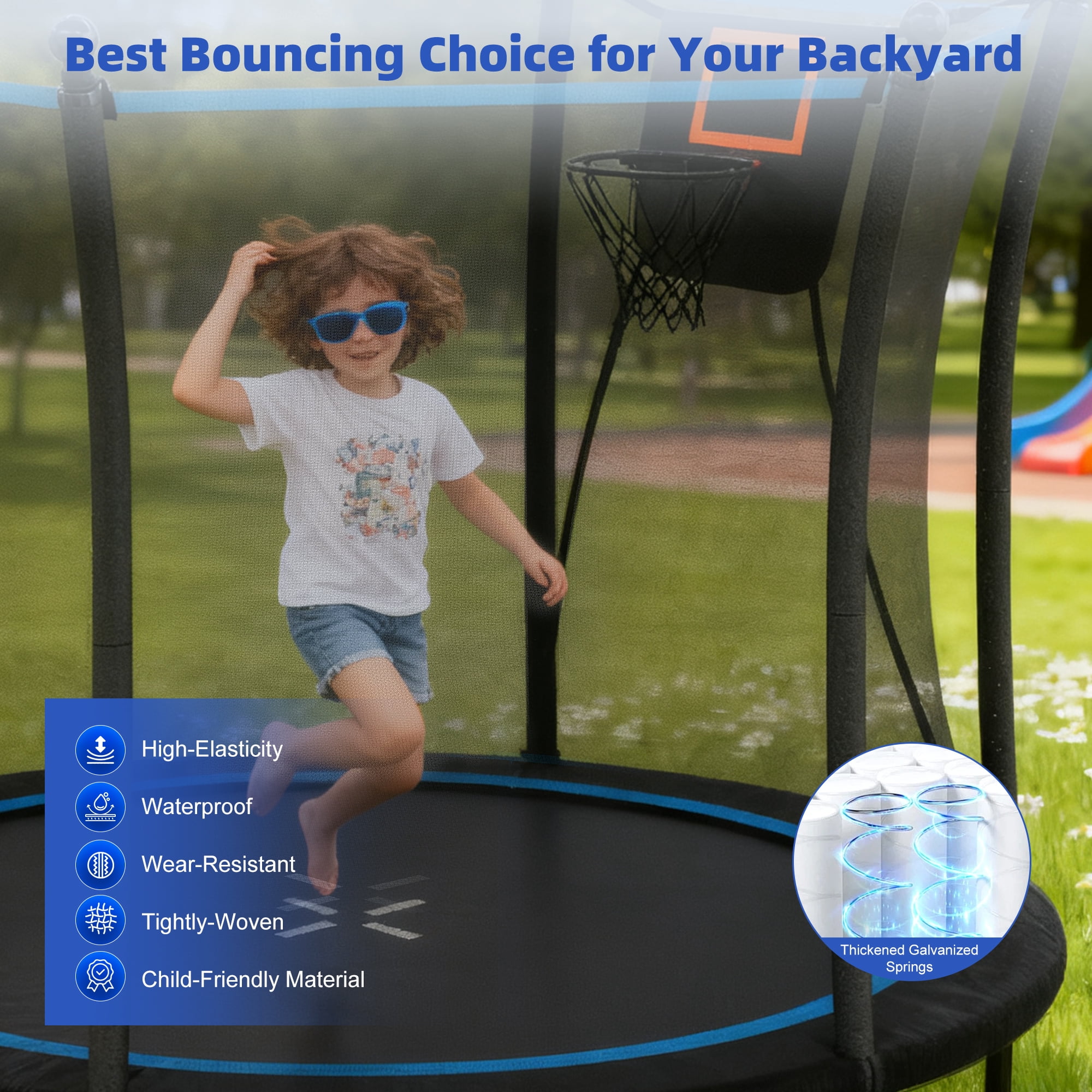 EUROCO 8FT Trampoline with Basketball Hoop and Ladder, 8' Backyard Trampoline for Kids and Adults