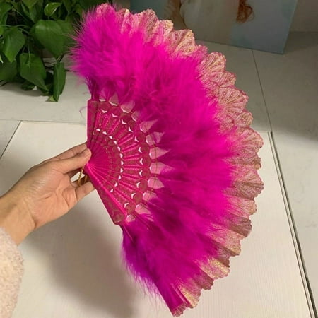 

Lolita Feather Folding Fan Japanese Sweet Fairy Girl Hand-held Fan Gothic Court Dance Hand Fan with Pendant Gift Wedding Party Decoration ROSE RED