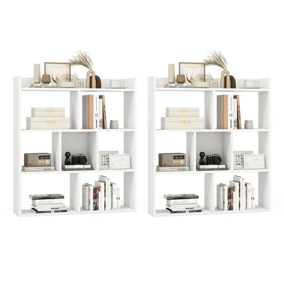Patiojoy 2pcs 7 Cubes Open-back Bookshelf Home Storage Display Shelf Horizontal Bookcase Free-standing Unit with Anti-Toppling for Living Room White