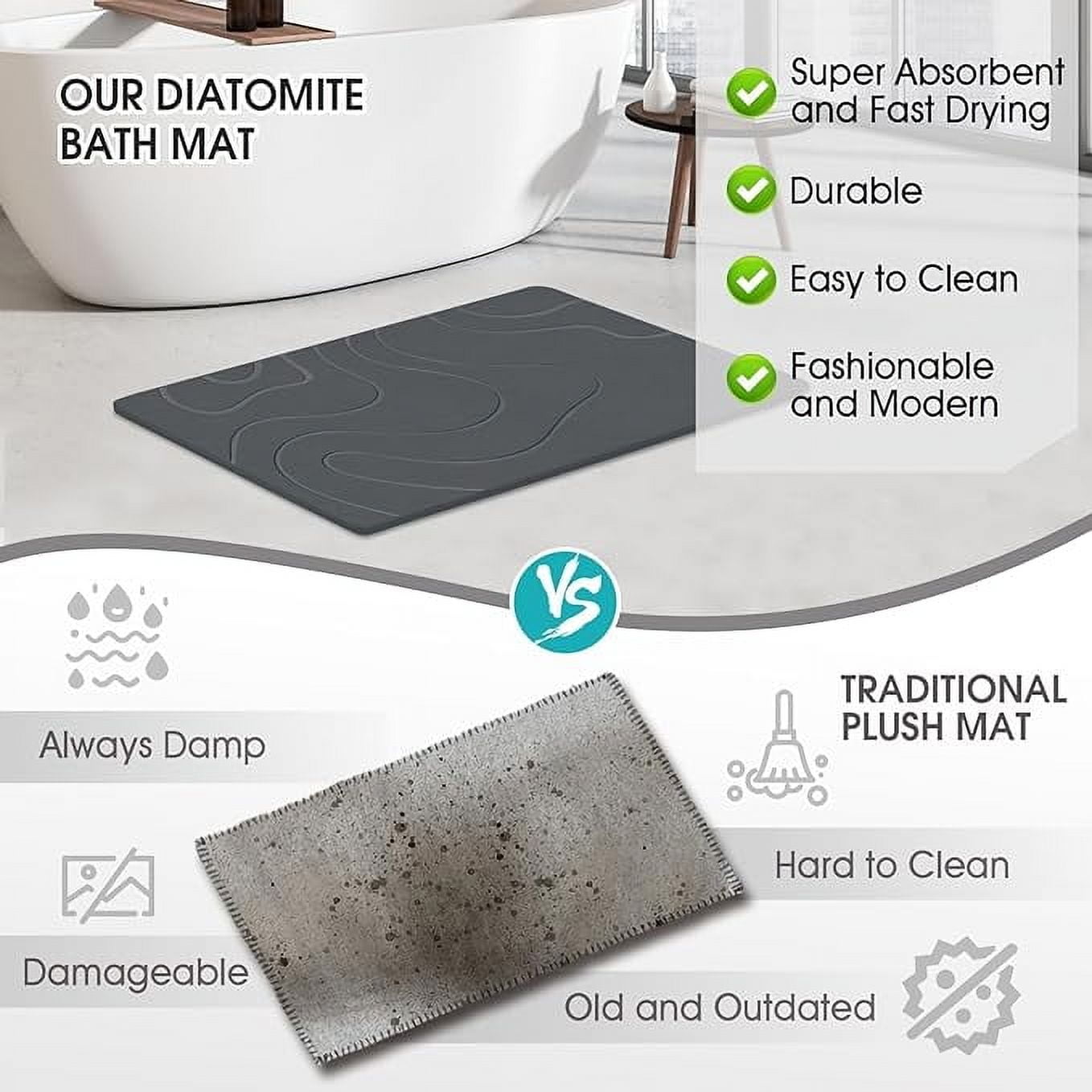 Stone Bath Mat, Diatomaceous Earth Bath Mat, Super Absorbent Non-Slip Bath Stone Mat,Quick Drying Bath Stone Mats for Bathroom Kitchen, Easy to Clean 23.62x15.47, Grey
