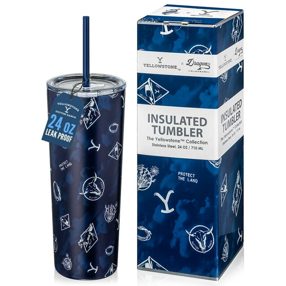 Dragon Glassware x Yellowstone 24 oz Vacuum Insulated Tumbler with Lid and Straws, Blue