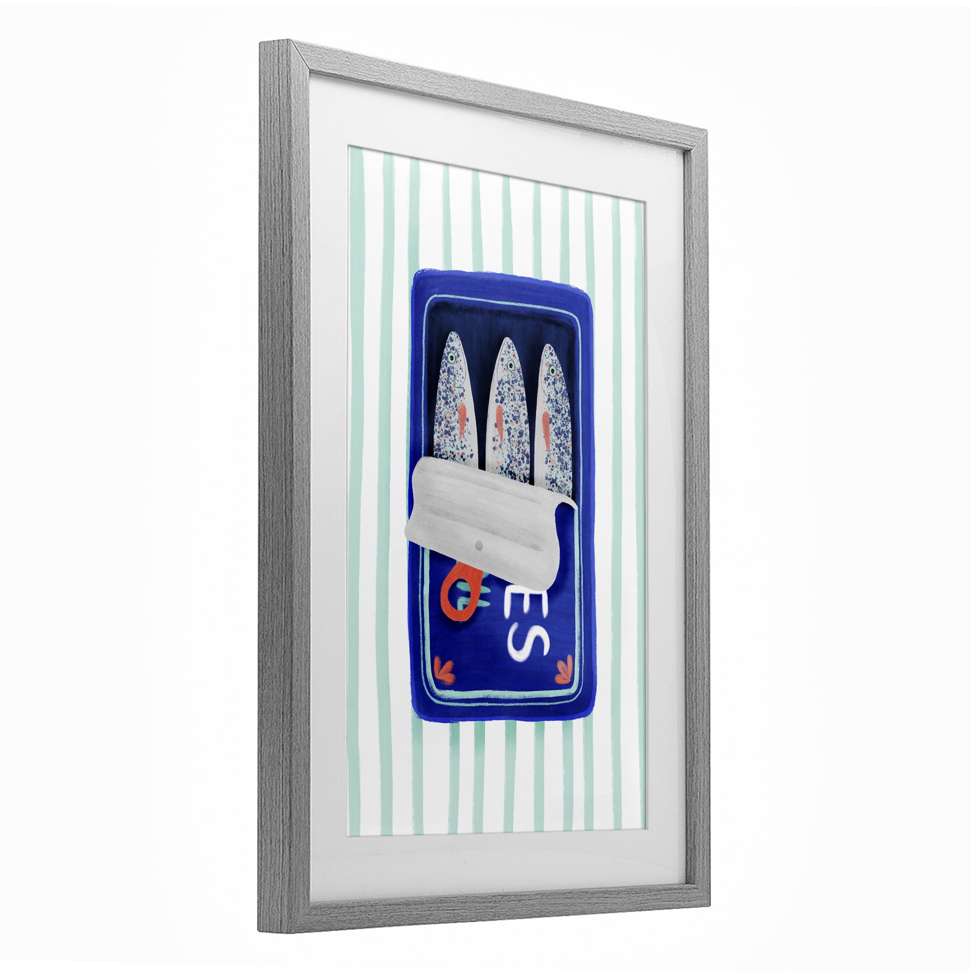 Stupell Industries Blue Sardines on Stripes Gray Framed Print Under Glass, design by Metka Hiti