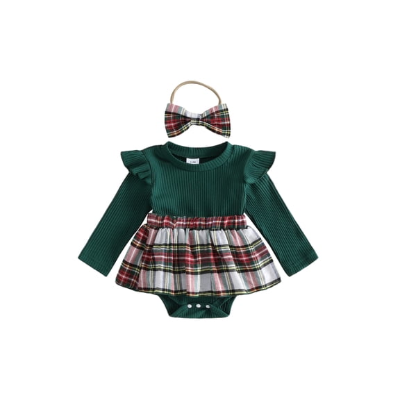 Cjfdfy Newborn Baby Girl Christmas Fall Outfits Plaid Ribbed Long Sleeve Romper Dress Bow Headband 2Pcs Infant Cute Christmas Holiday Party Fall Winter Clothes