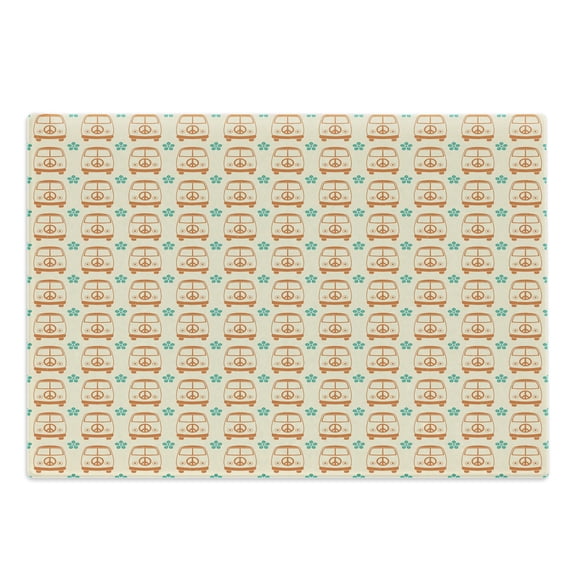 Hippie Cutting Board, Vintage Minivan Cars with Peace Signs and Floral Details Freedom Travel, Decorative Tempered Glass Cutting and Serving Board, Large Size, Beige Orange Turquoise, by Ambesonne