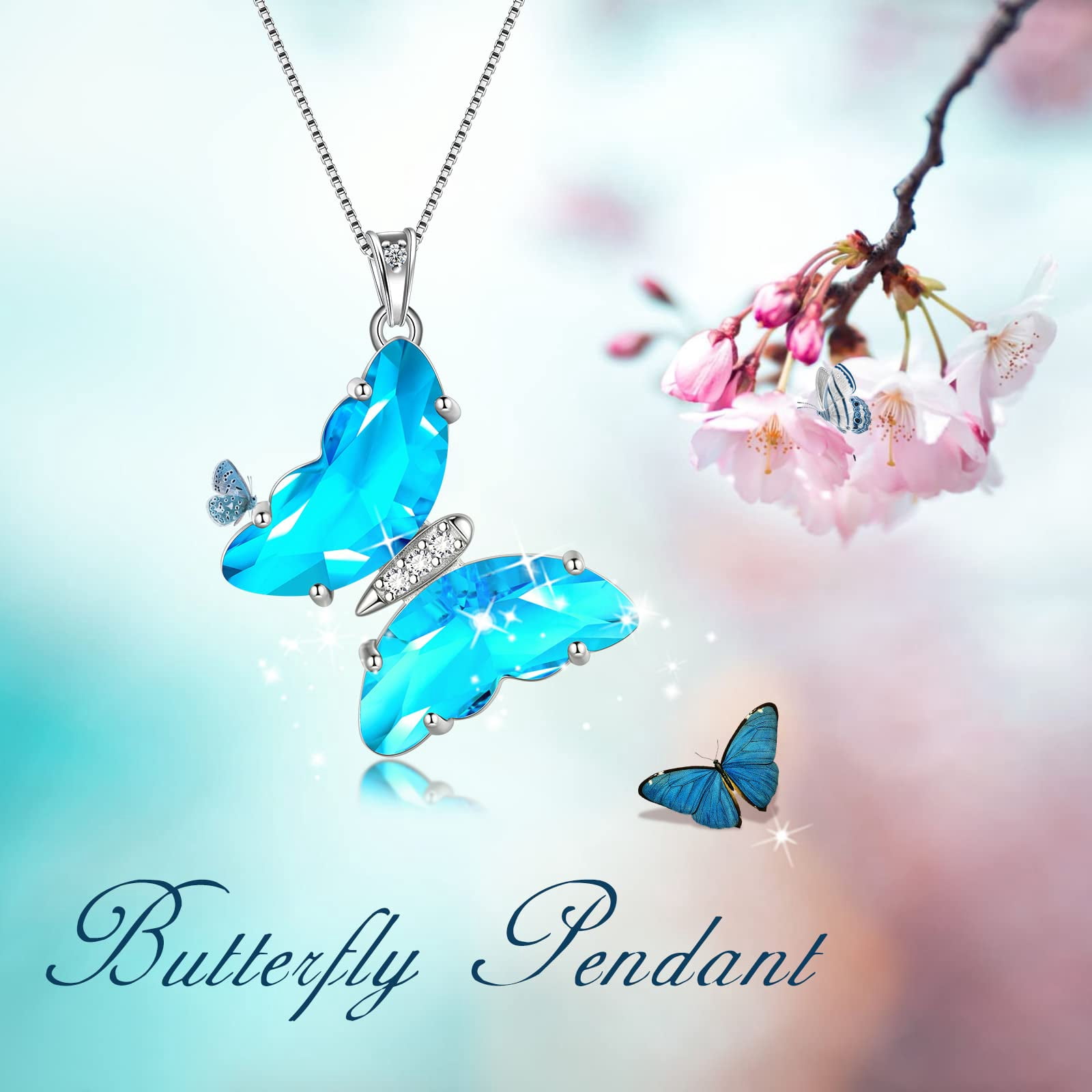 925 Sterling Silver Blue Butterfly Necklace Aquamarine March Birthstone Jewelry Crystal Pendant Women Mother Christmas Valentine Birthday Gift Juwaliy