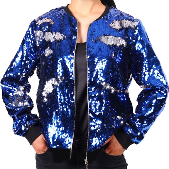 HXWCHs Plus Size Sequin Baseball Jacket for Women Sparkly Fashion Outerwear Stylish Shiny Coat S Blue