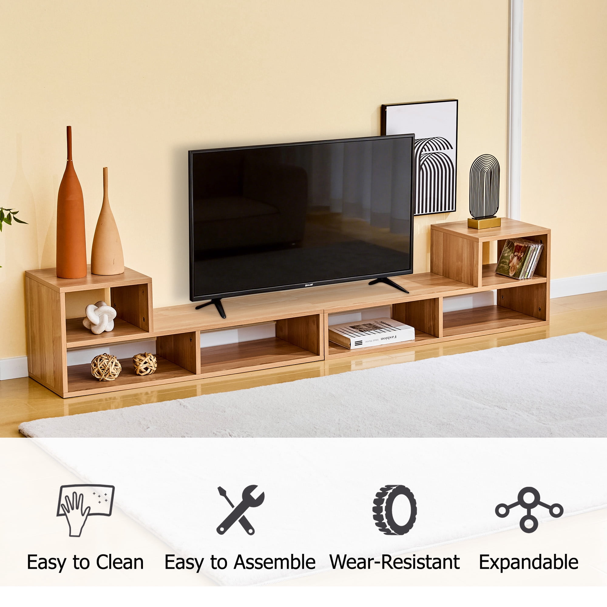 Modular Freestyle TV Stand with Open Storage Compartments, Light Wood Adjustable Media Console and Entertainment Center for Living Room, Wood