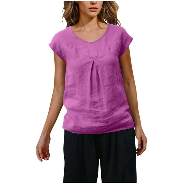 Vestidos Casuales Para Mujer, Blusas De Mujer De Moda Camiseta de lino holgada de manga corta sin mangas y hasta los hombros para mujer