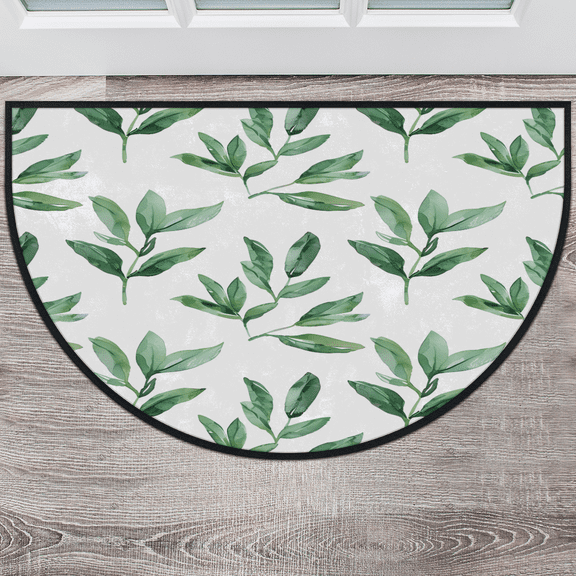 CURLYOOT Sage Green Half Round Door Mat 40'' x 63'', Indoor Outdoor Entrance Rug, Semi Circular Area Rug, Non Slip Washable Absorbent Doormat, Spring Leaves Laundry Room Rug