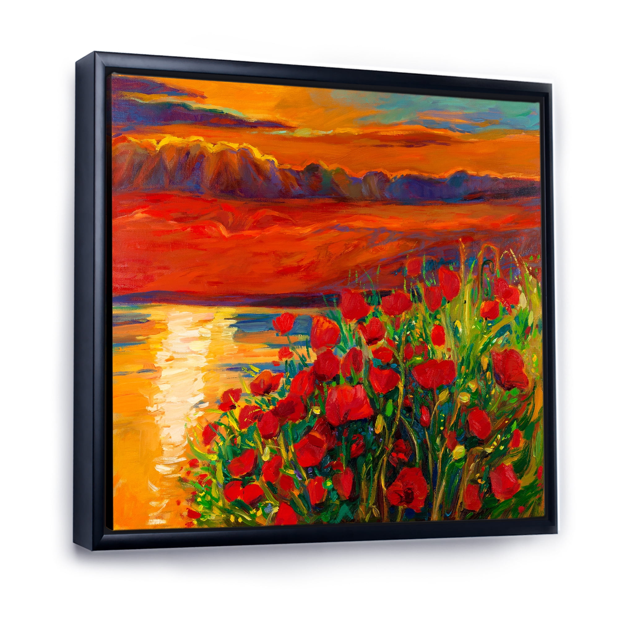 Designart 'Red Poppies By The Ocean During Evening Glow' Nautical & Coastal Framed Canvas Wall Art Print