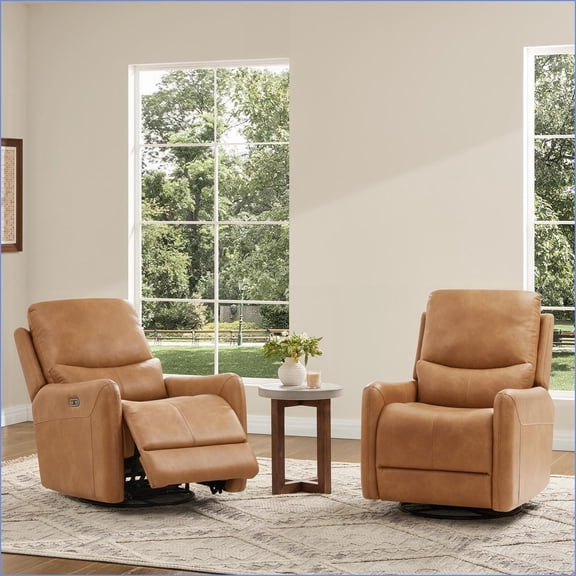 Recliners, Modern 30'' Power Recline Swivel Arm Chair | Tan Brown | Faux Leather