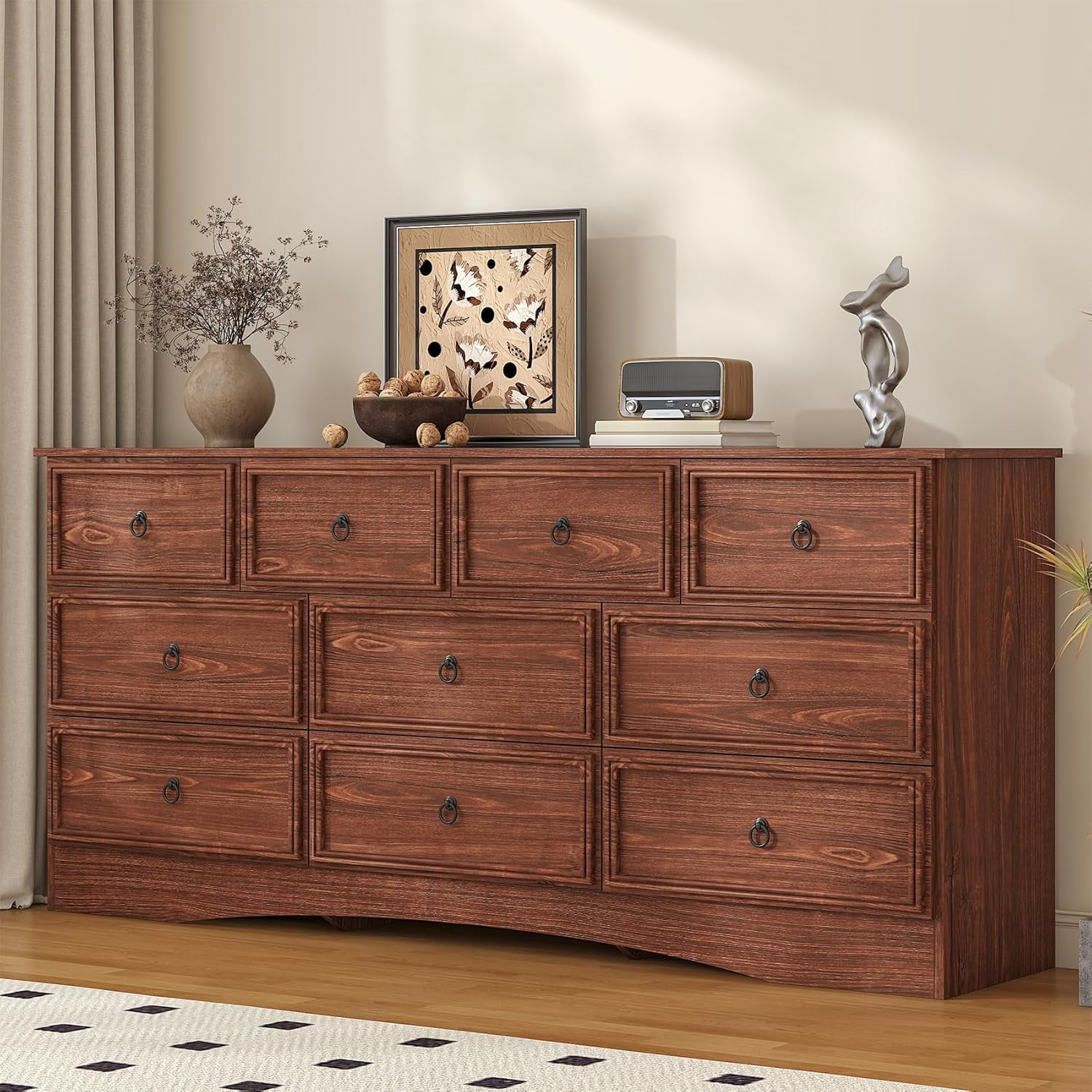 Meteorleg Farmhouse 10 Drawer Dresser for Bedroom – 63'' Long Dresser Wood Chest of Drawers,TV Stand for 75 inch TV, Storage Organizer Furniture, Hallway, Entryway, Closet, Cherry