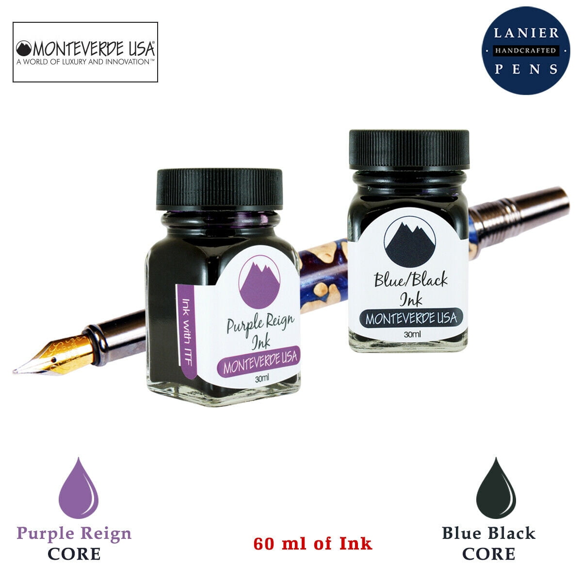 Monteverde 60ml Core Fountain Pen Ink Bottle (30ml Purple Reign Ink Bottle G309PR, 30ml Blue/Black Ink Bottle G309BB)