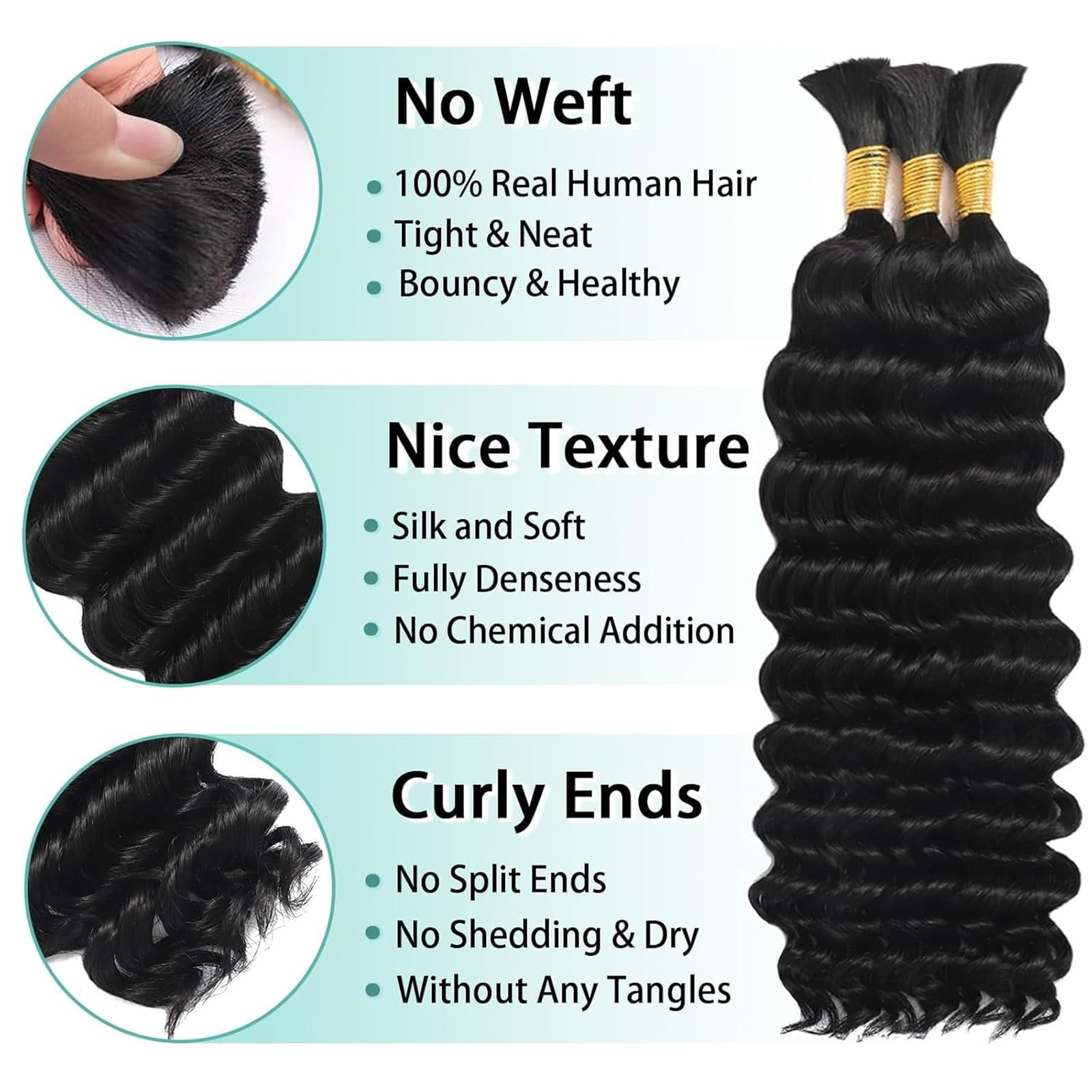 Braiding Hair for Boho Braids - Curly Boho Human Hair 20 Inch 3 Bundles, Deep Wave, Knotless Braids Crochet Box Braids, Natural Color, Festival Daily Style, Women Hair