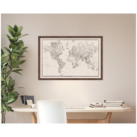 Kate and Laurel Framed Fabric Pinboard 38 x 26, Vintage Black and White Linen World Map Printed Linen Classic Bulletin Board for Use as Wall Organization, Florence Medium Brown Frame