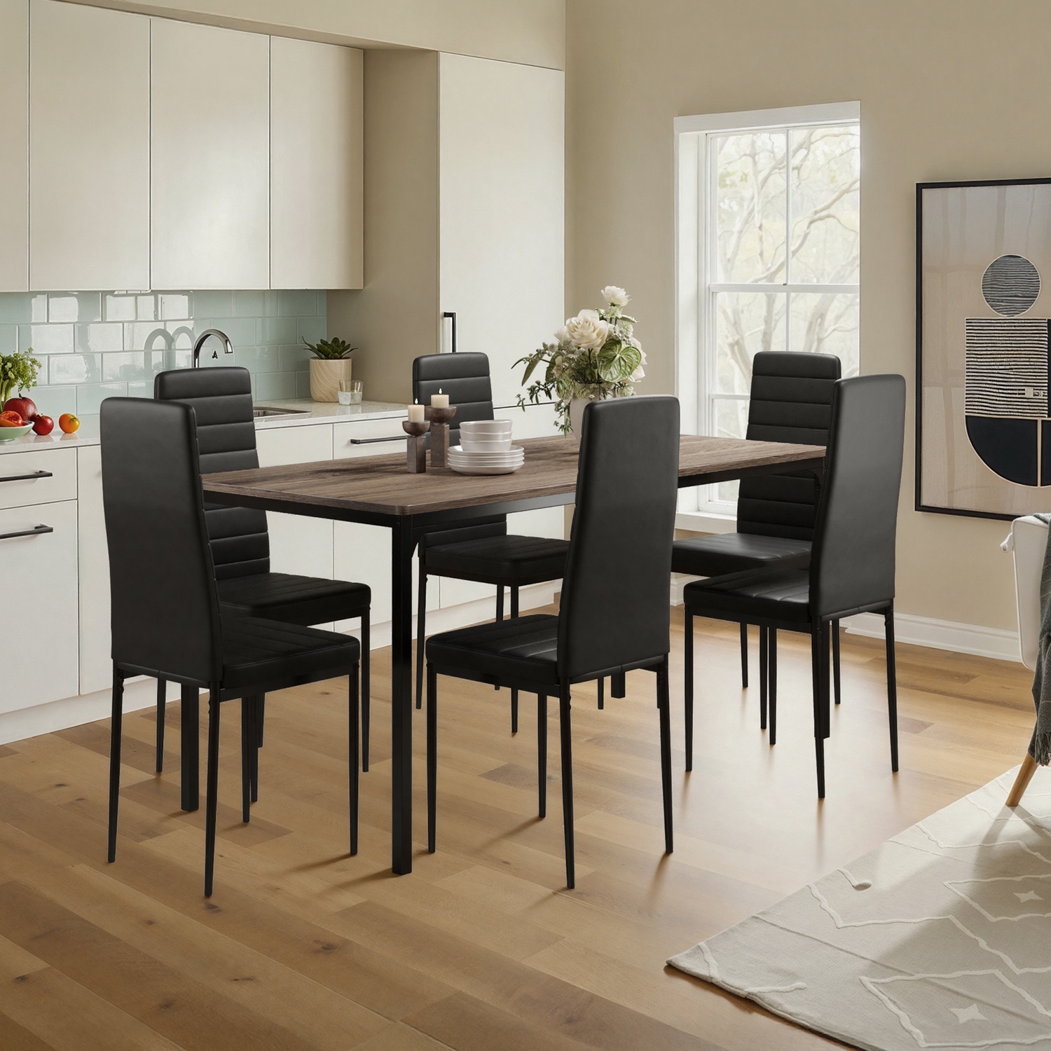 Dining Table Set for 6, Lofka 7 Piece Wooden Kitchen Table Set with 6 Upholstered PU Leather Chairs for Dining Room, Living Room, Apartment, Small Space,Gray