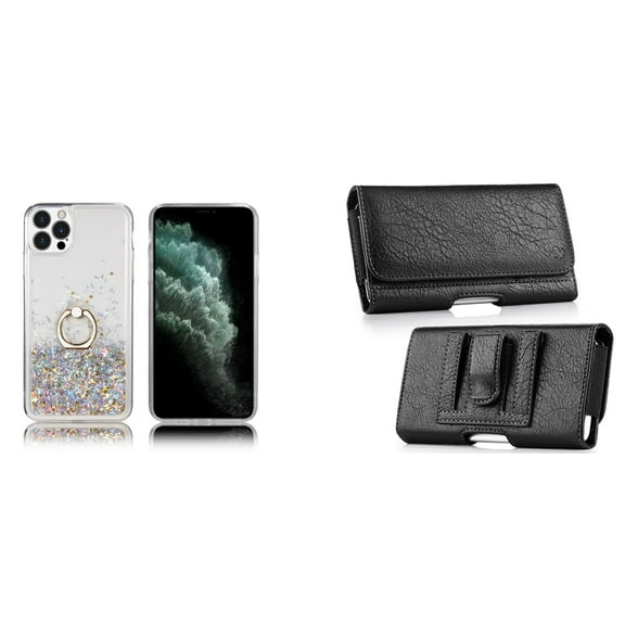 Waterfall Liquid Glitter Stand Case and Belt Holster Pouch for iPhone 14 Pro Max - Silver