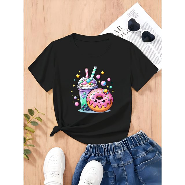 Women'S Casual Summer Tee with Cute Cartoon Drink & Donut Design - Soft White Fabric, Round Neck, Short Sleeve, Perfect for Spring and Summer, Spring Casual Wear | Playful Print Top Ladies T Shirts