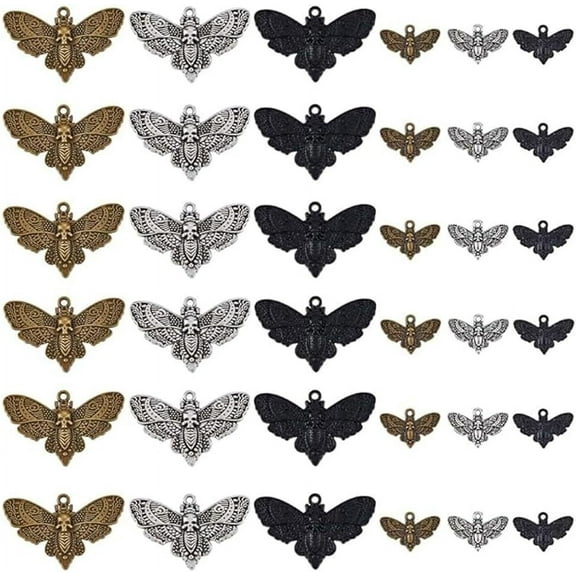 1Box 36Pcs 6 Styles Moth Gothic Pendants Black Silver Insect Charm Moth with Skull Head Animal Charms for Party DIY Jewelry Necklace Bracelet