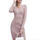 thumbnail image 1 of Vestido ajustado de manga larga color caqui para mujer, talla L, vestido de punto con escote en V y detalle de encaje, 1 of 5
