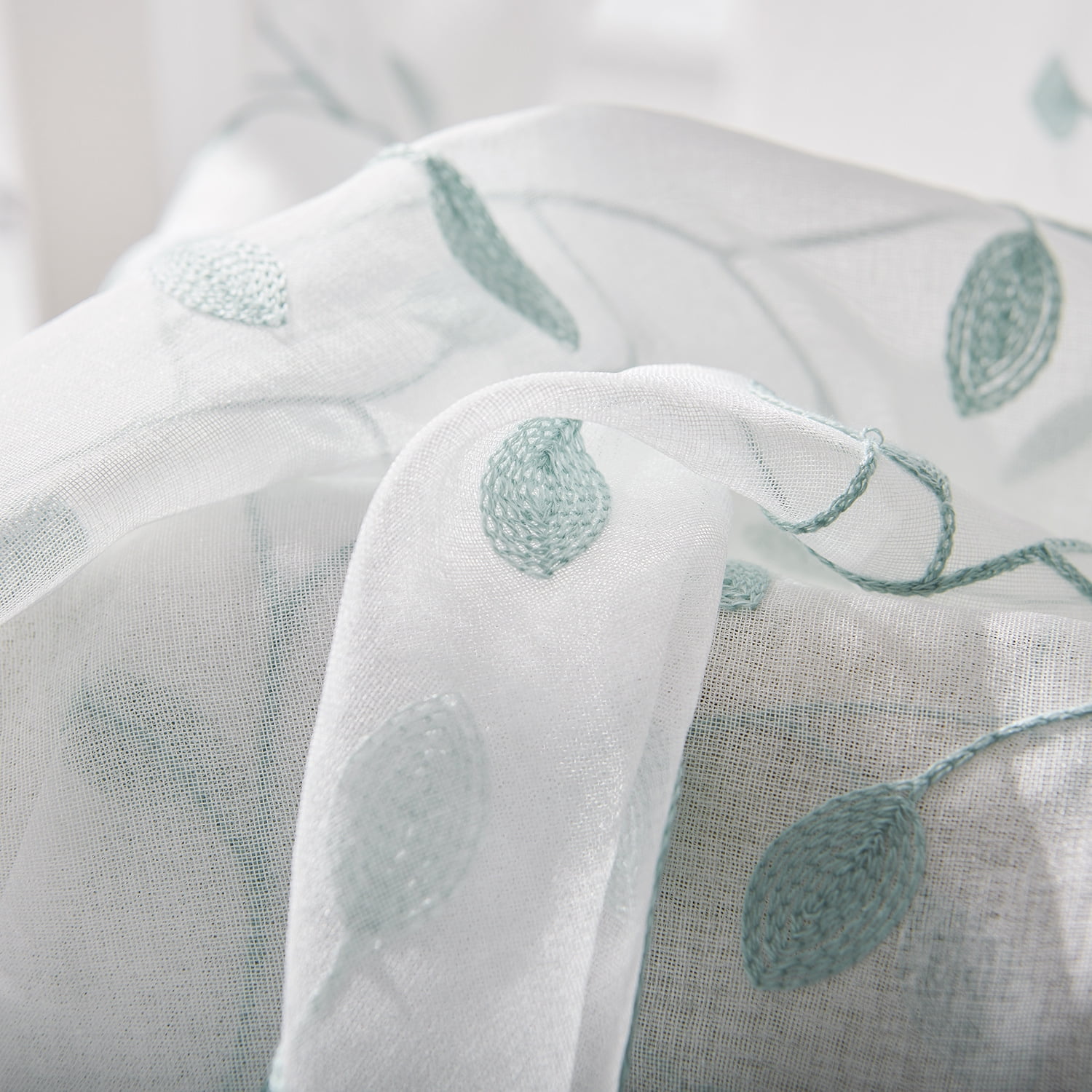 Sunyuer Leaves Short Sheer Curtains Teal Blue Leaf Embroidery Curtain Rod Pocket Voile Faux Linen Embroidered Leaves Curtains for Bedroom Living Room, 52W X 72L inch, Set of 2 Panels, Teal Blue
