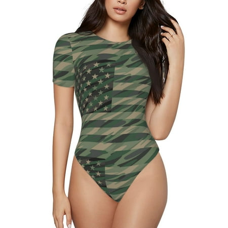 Gaeub Jungle Green Camo USA Flag Print Women s Short Sleeve One Piece Swimsuit Sexy High-Waisted Bodysuit Bathing Suit for Swimming  Beach  Sports-X-Large
