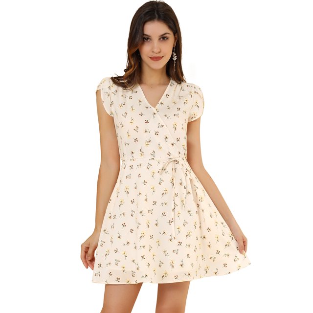 INSPIRE CHIC Robe Ceinturée à Fleurs pour Femme, Col en V Croisé, Manches Pétales