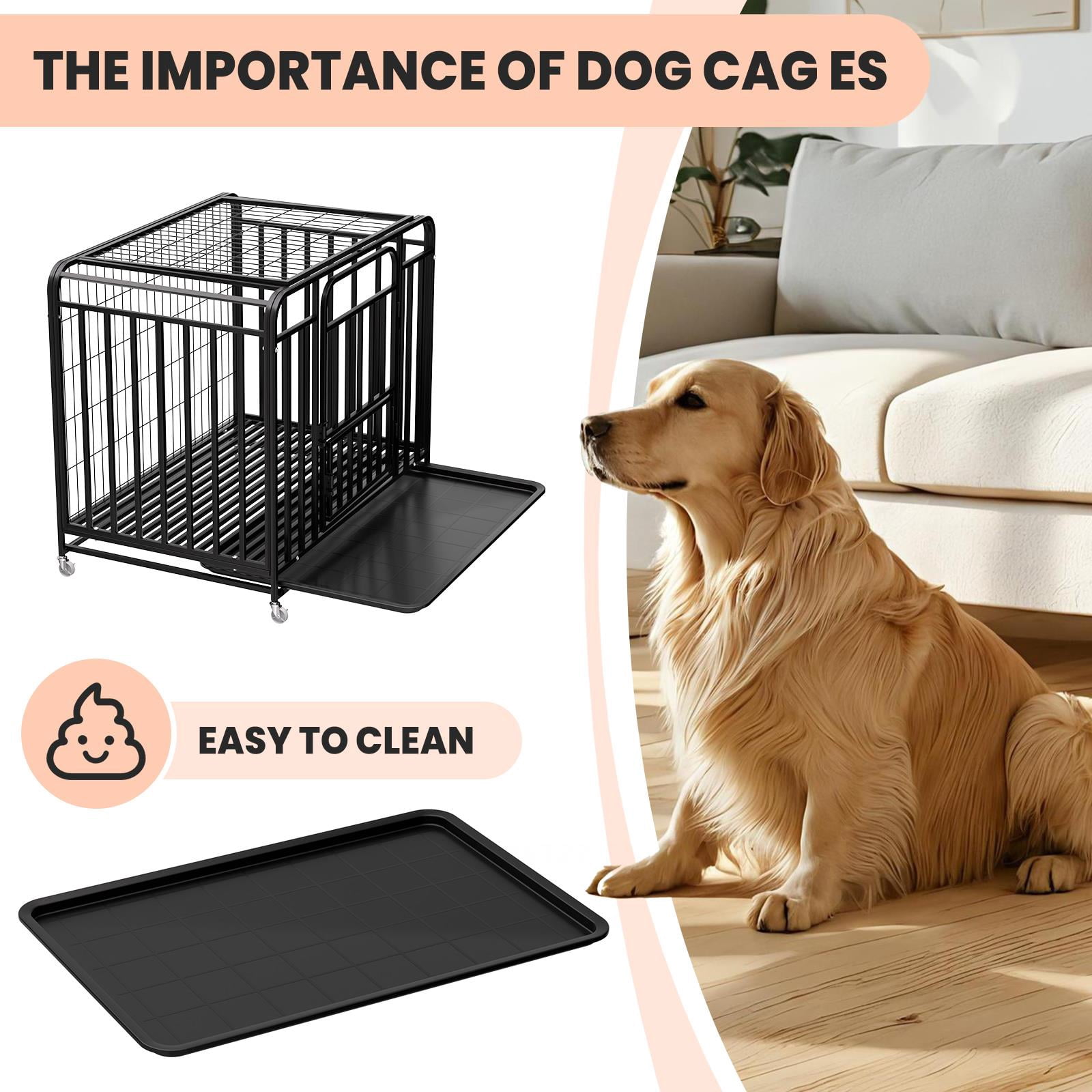 Alloy Steel Dog Crate with Front & Top Door, 36.4" Indoor Outdoor Dog Kennel with Lockable Wheels, Removable Tray for Easy Cleaning