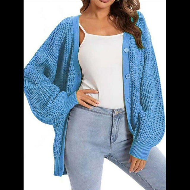 Suéteres Tipo Cárdigan para Mujer, de Larga, con Botones y Gran Tamaño, de Punto. Azul XXL