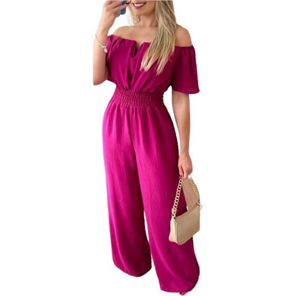 FLMEI A Neckline Jumpsuits for Womens Casual Loose Romper Summer Waisted Wide Leg Pants Outfits Straight One-Piece Trousers for Women's S-XL