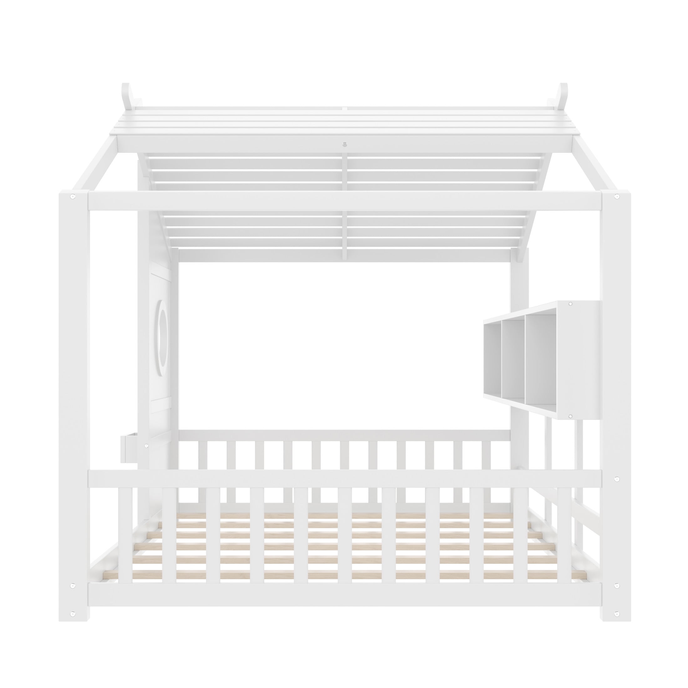Noble House Full Size Floor House Bed for Toddlers,Playhouse Bed with Built-in Storage Shelf and Roof Design,White