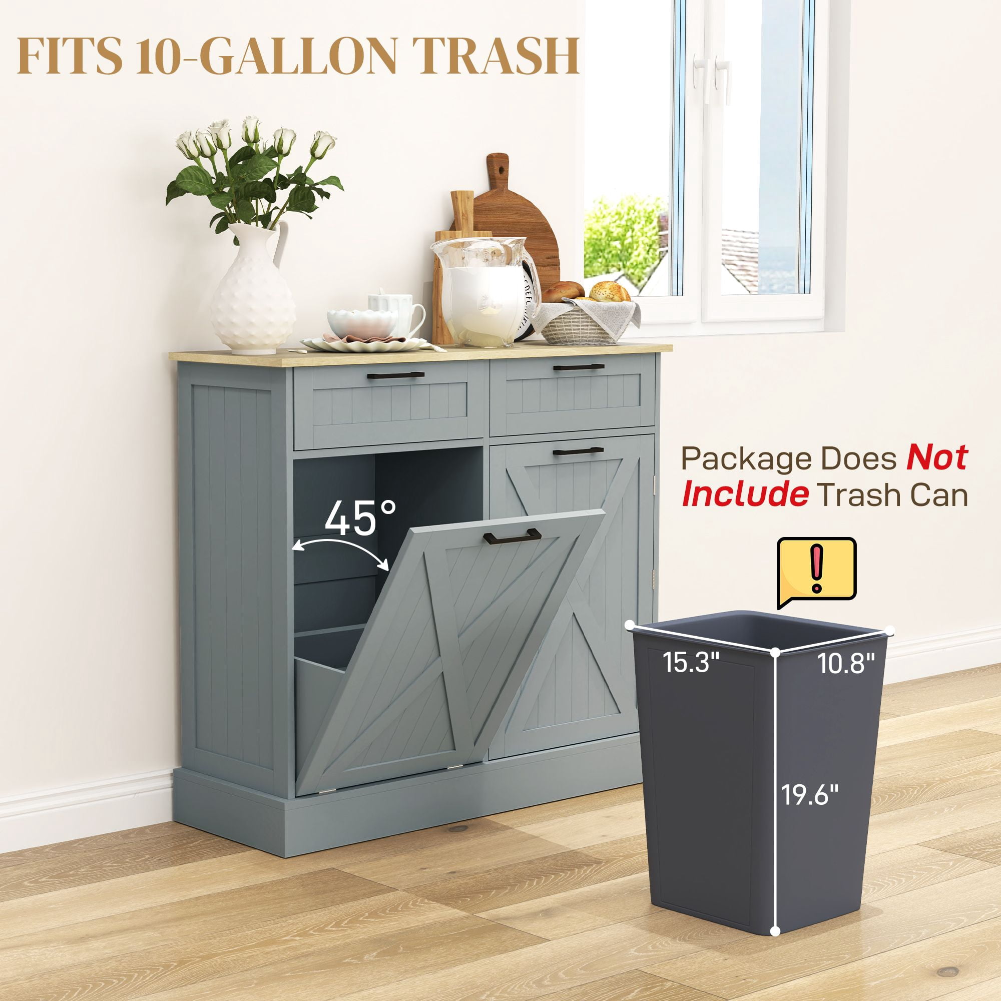 Tilt Out Trash Can Cabinet with 2 Drawers and Spice Rack, 10 Gallon Hidden Trash Can, MDF Kitchen Storage, 39.4 in Wide, 230 lb Capacity