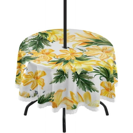 

Hidove Sunflowers Leaves Outdoor Round Tablecloth Waterproof Stain-Resistant Non-Slip Circular Tablecloth 60 Inch with Umbrella Hole and Zipper for Tabletop Backyard Party BBQ Decor