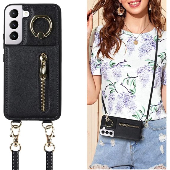Crossbody Phone Cases for Samsung Galaxy S21 with Strap,Galaxy S21 5G Case with Card Holder for Women,[360° Rotatable Ring Holder] Wallet Leather PU Magnetic Clasp,Black