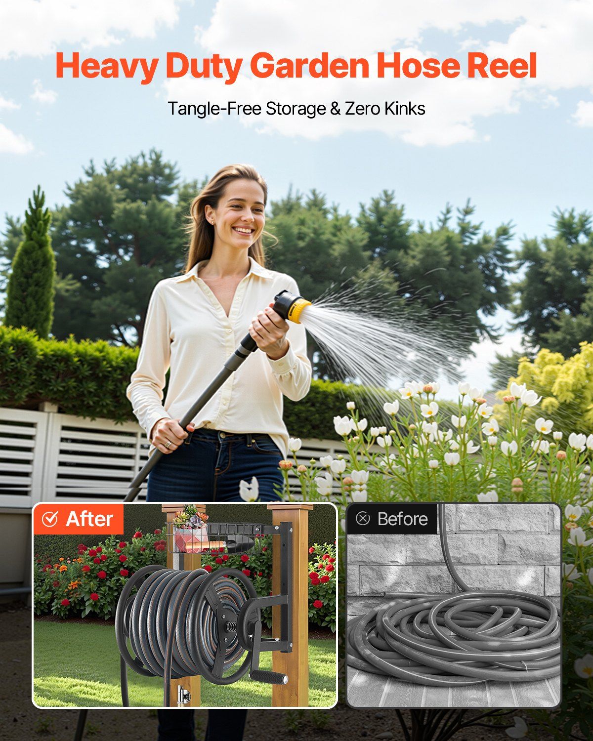 Wall Mounted Garden Hose Reel Heavy Duty Manual Outdoor 125 ft 5 8 inch Hose Capacity Brass Fitting Storage Basket Space Saving Lawn Yard