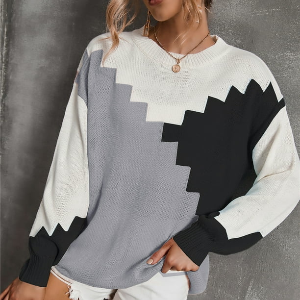 Pntutb moda mujer contraste costura largo casual suéter suelto manga larga suéter Pntutb Pntutb-141