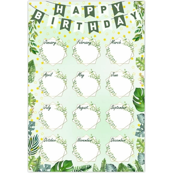 Happy Birthday Classroom Poster Boho Birthday Calendar Chart Paper Reusable Green Leaves Bulletin Board Calendars Posters with 10Pcs Seamless Double Sided Adhesive for Wall Back to School 1set