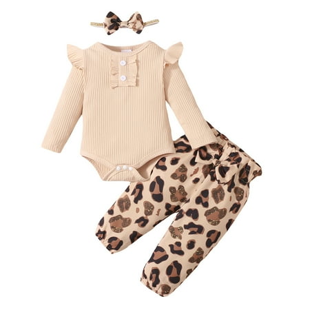 

NZRVAWS Baby Girls Outfits Winter Outfits 0 Months Baby Girls Romper Top 3 Months Baby Girls Leopard Print Pants Headband 3Pcs Clothes Set Apricot
