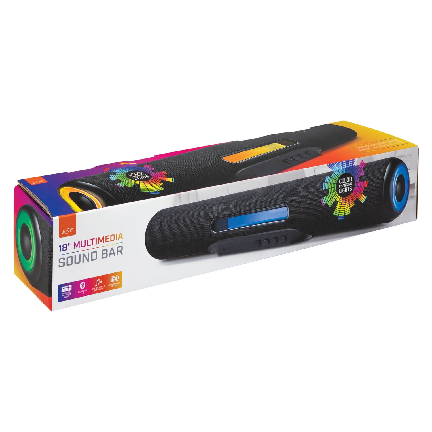 iLive Portable Bluetooth 2.0-Channel 18-In. Sound Bar/Speaker with LED Lights and Speakerphone, True Wireless, Black, ISB184BPT