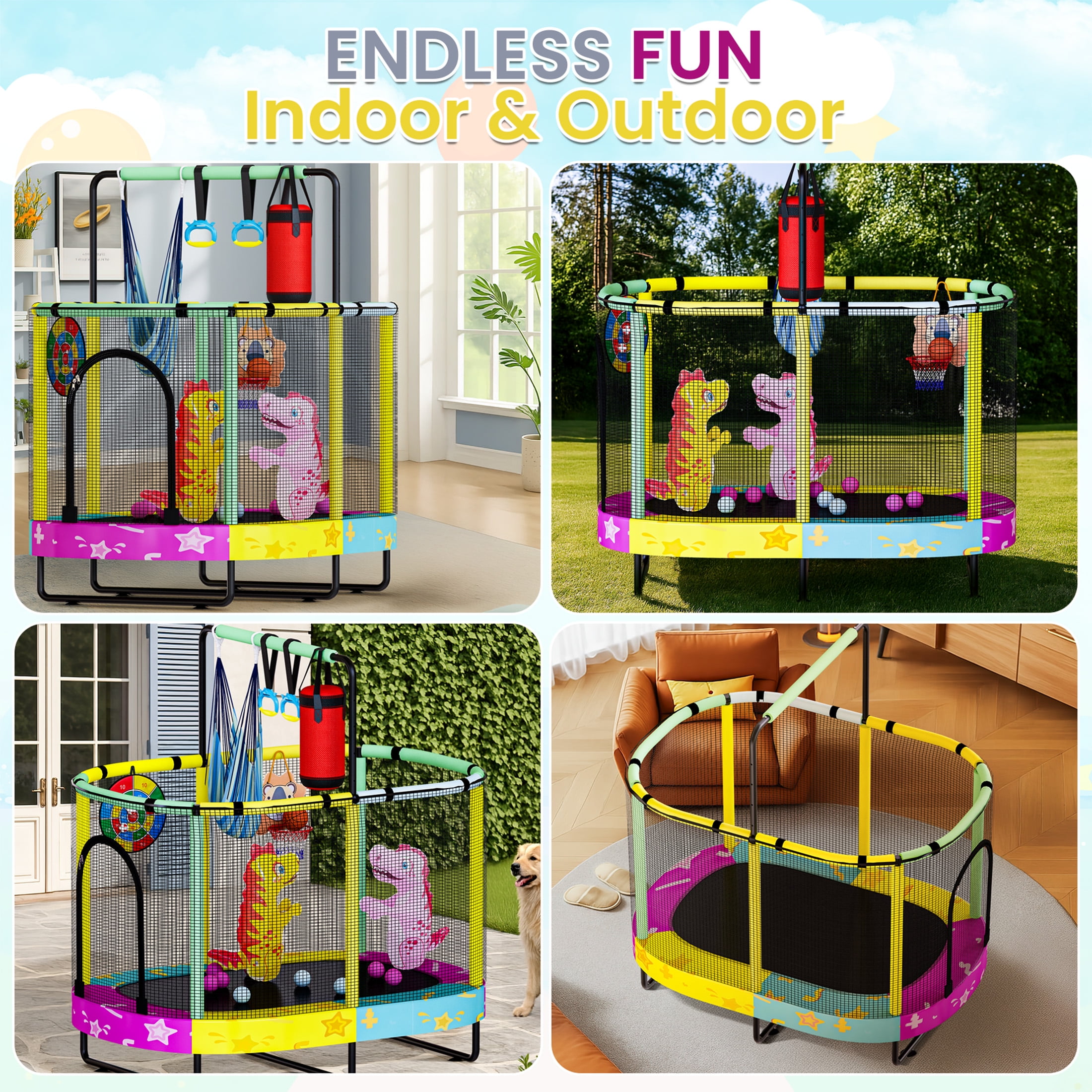 MOOSENG Elliptic Kids Trampoline, Bouncing Trampoline with Safety Enclosure Net, Adjustable Height Handrail, 500lbs Capacity, Designs for Boys & Girls, 7-in-1, 55” (Colorful Star）