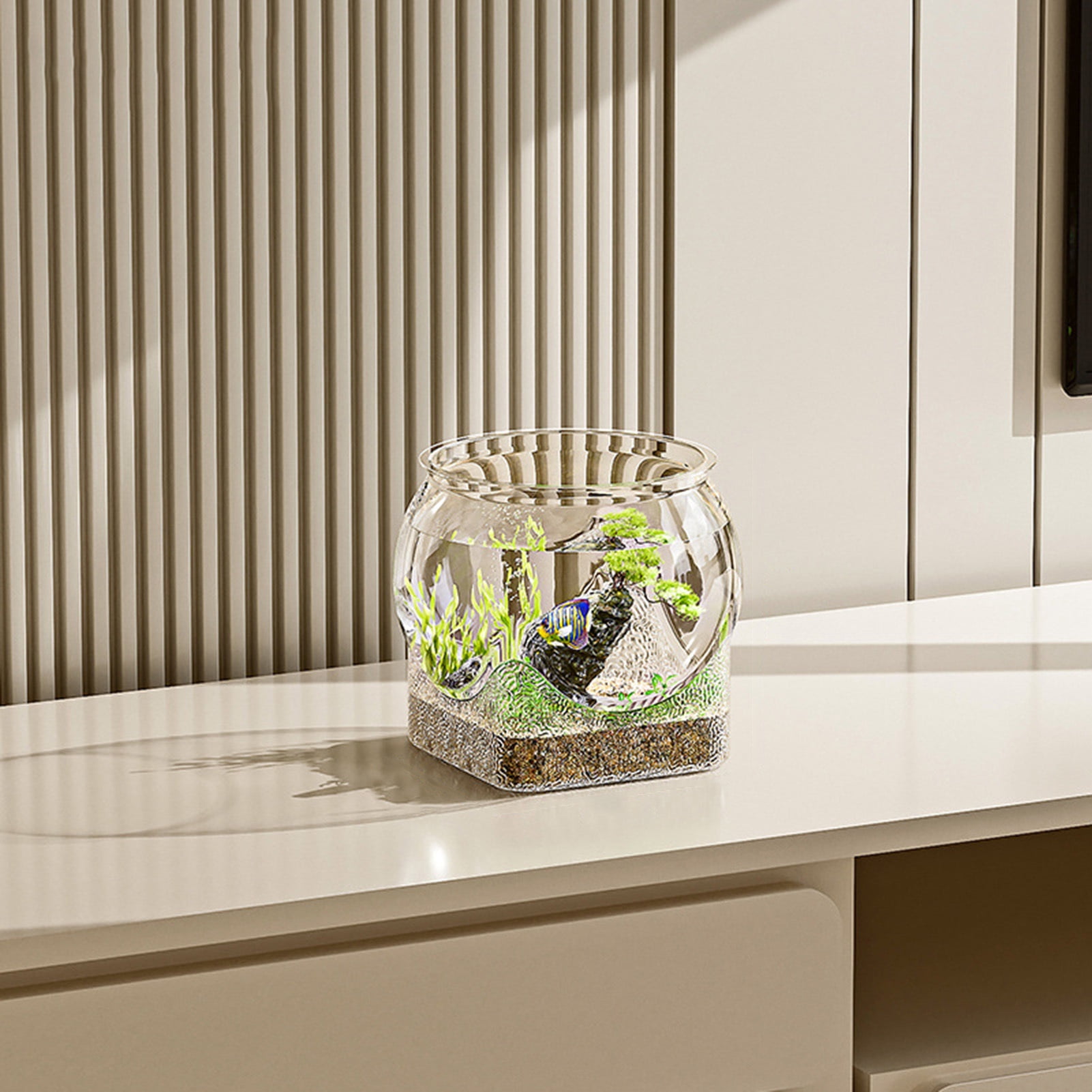 Koiauber Clear Fish Bowl for Betta Fish Golden Fish Turtle Plastic Betta Fish Tank Desktop Round PET Aquarium