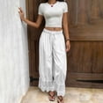 thumbnail image 7 of Fengqque Womens Wide Leg Pants Elastic Waist Drawstring Lace Beach Boho Casual Long Trousers White S(S), 7 of 7
