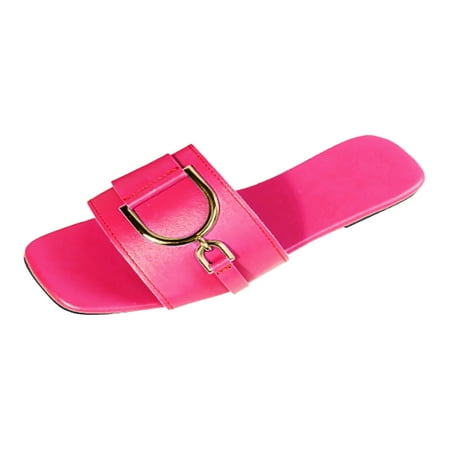 

Slippers For Women Casual Flat Bottom Square Button Solid Color Large Comfortable Sandals