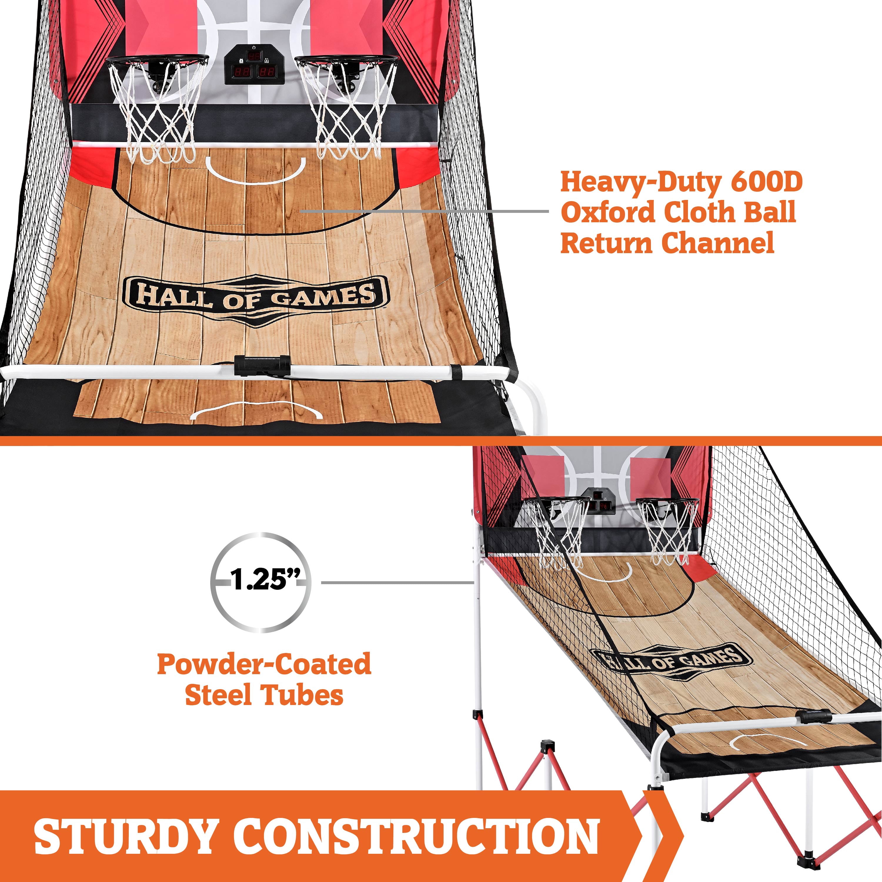 Easy to Assemble Arcade Basketball Game 84-in Tall, with Steel Frame EZ-Fold X-Leg, by Hall of Games