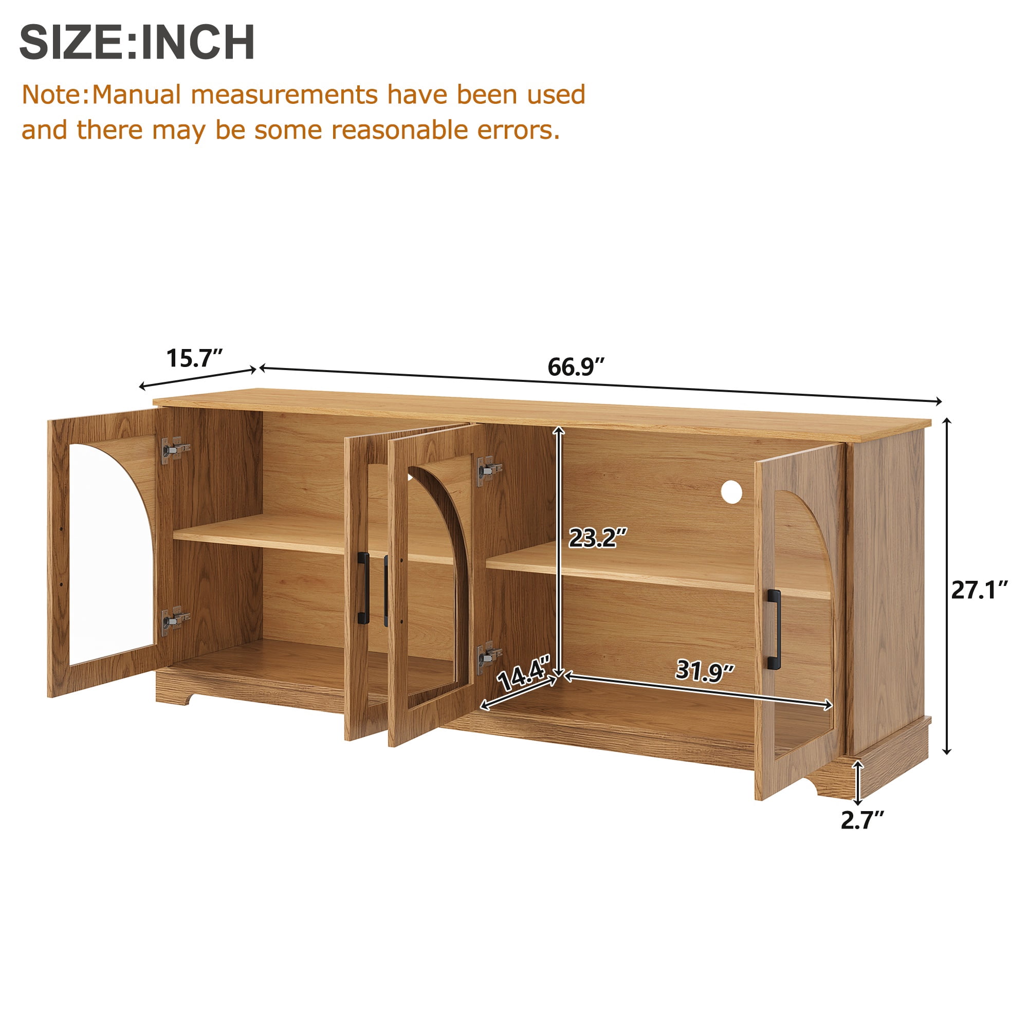 PORKISS Two-Tone TV Stand for 70", Vintage Media Console Cabinet with 4 Arched Tempered Glass Doors, Entertainment Center with Cable Management and Storage, Brown