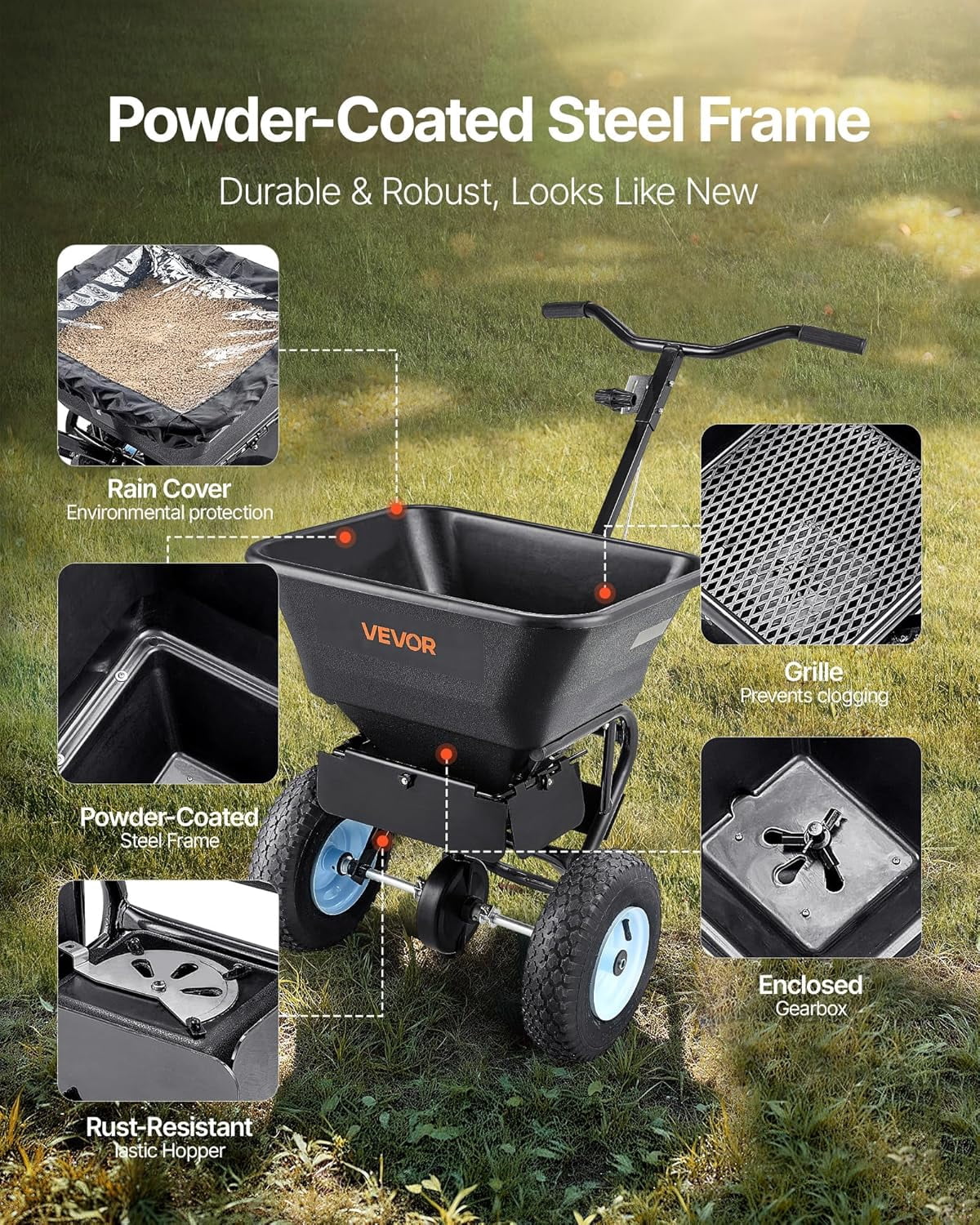 Garden Peat Moss Roller, Compost Spreader, 24 in Wide Heavy Duty Grass Seed Spreaders with T Shaped Handle, 3 Heights Adjustable, Powder-Coated Steel Peat Moss Spreader for Planting Seeding