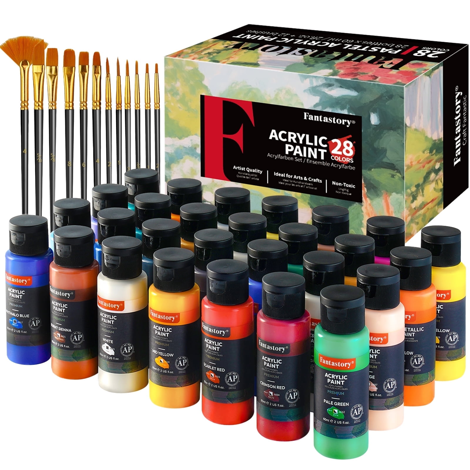 Fantastory 28-Color Acrylic Paint Set with 12 Brushes